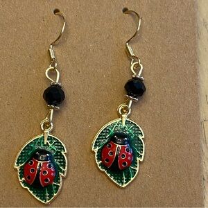 Hand Crafted Ladybug Leaf Dangle Earrings with Black Beads